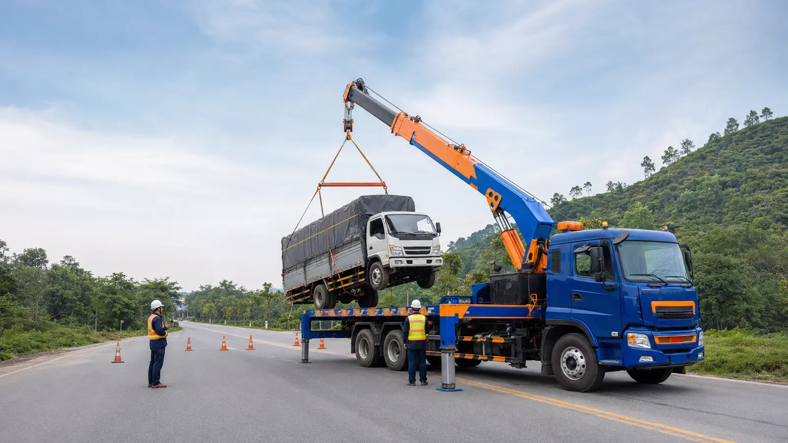Xe cẩu hỗ trợ cứu hộ xe tải tại Nghệ An