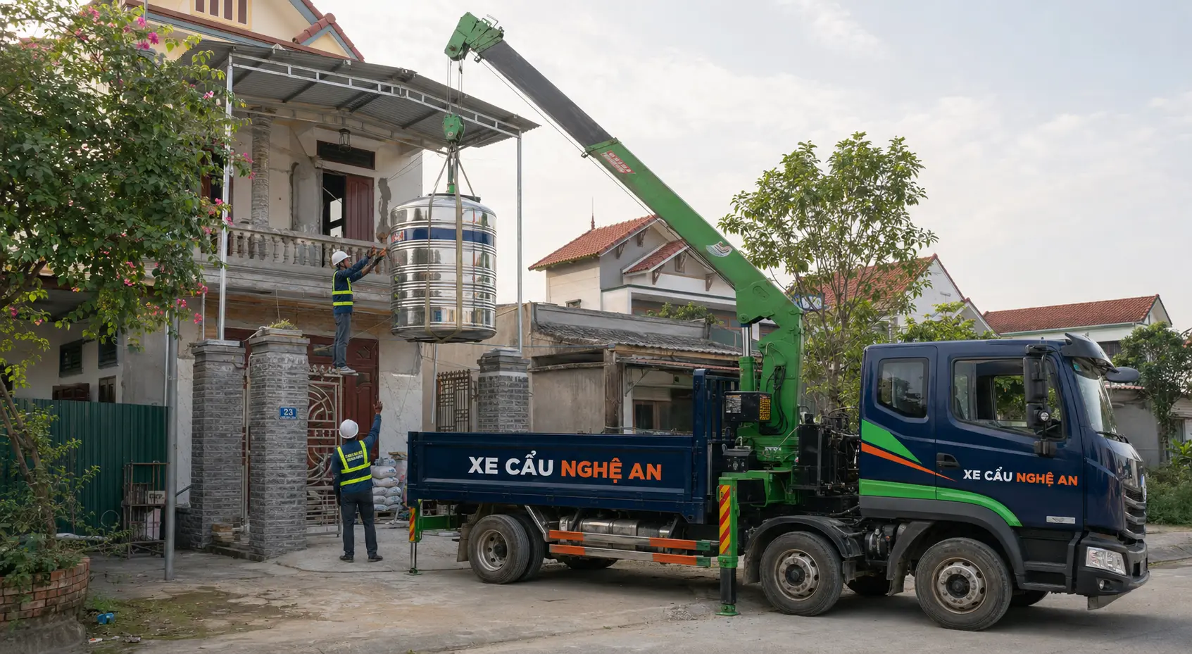 Xe Cẩu Nghệ An đưa bồn nước lên nhà dân