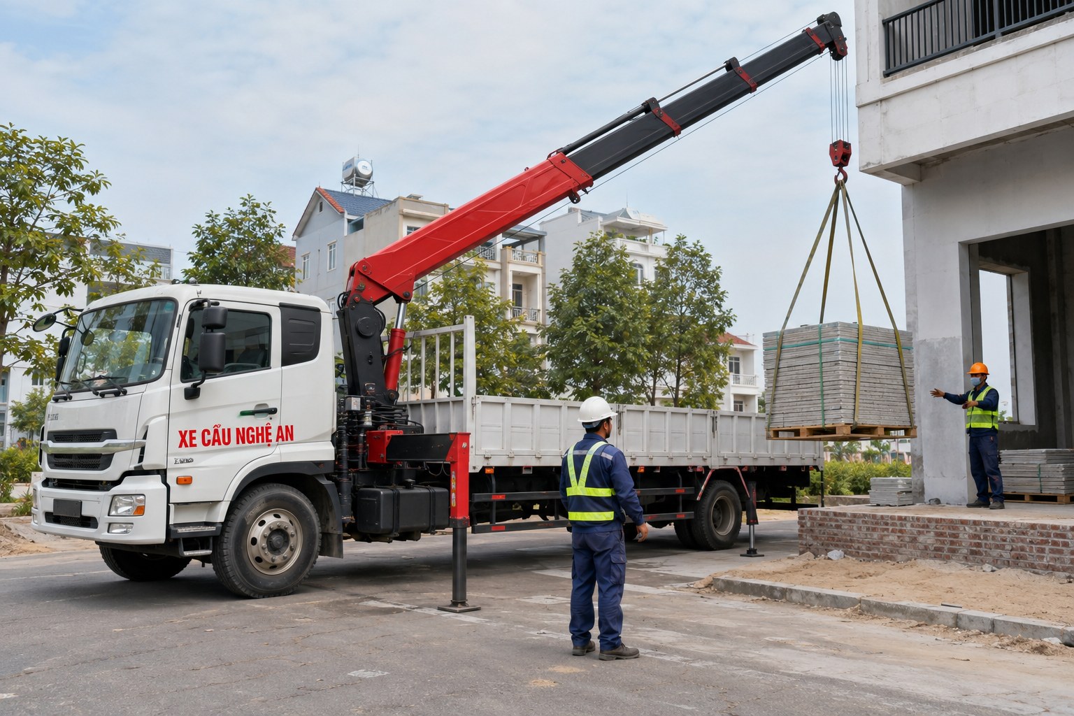 Xe cẩu thực hiện công việc - Chằng Buộc Hàng Trên Xe Cẩu Tự Hành