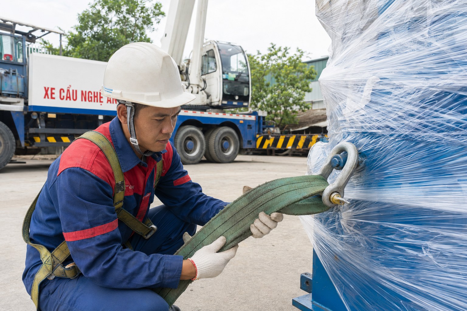 Xe cẩu thực hiện công việc - Cẩu Sắt Thép