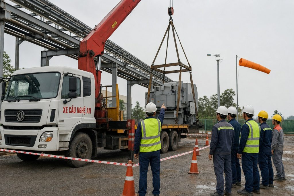 Xe cẩu thực hiện công việc - Cẩu Máy Biến Áp