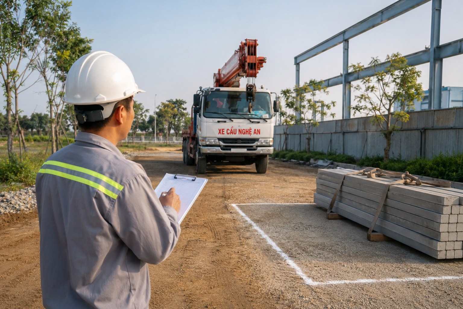 Xe cẩu thực hiện công việc - Chọn Xe Cẩu Lắp Dựng Nhà Xưởng