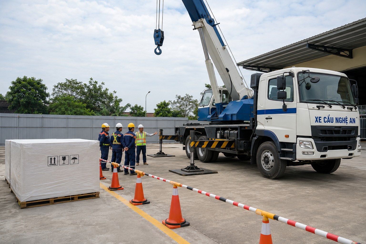 Xe cẩu thực hiện công việc - Cẩu Cây Cảnh Không Vỡ Bầu Đất