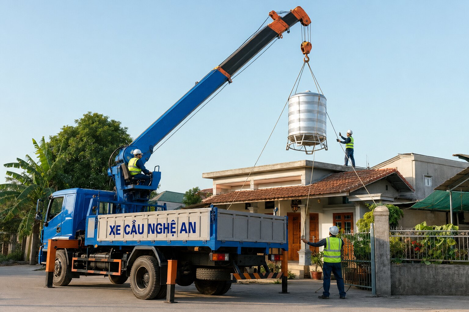 Xe cẩu thực hiện công việc tại khu vực Thành Vinh