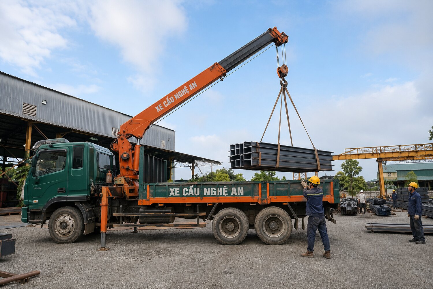 Xe cẩu thực hiện công việc - Cẩu Lắp Đặt Nhà Xưởng